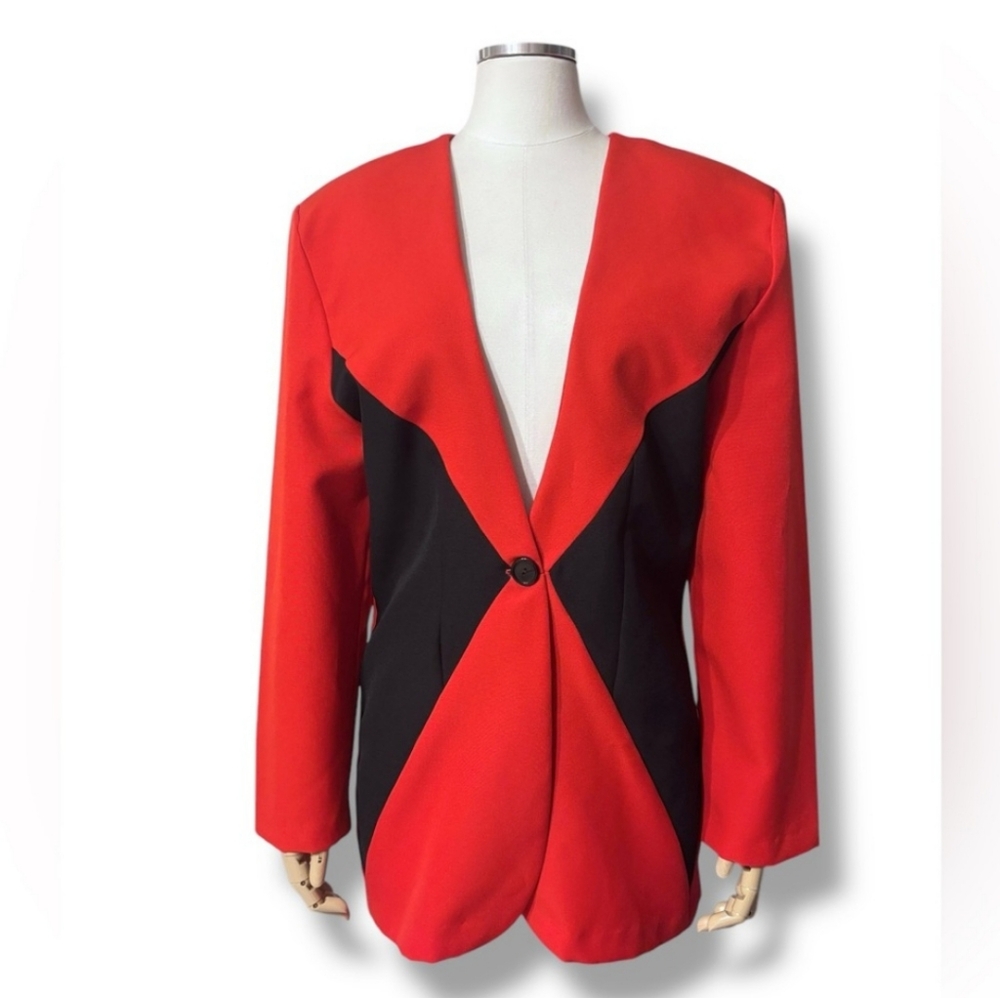 FREDRICK’S OF HOLLYWOOD Red & Black Harlequin Single Button Blazer